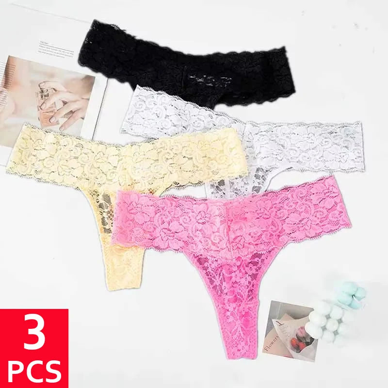 Lot de 3 culottes en dentelle florale pour femme, taille basse, respirantes, string, tailles M à 2XL, couleur unie, sexy, transparentes.