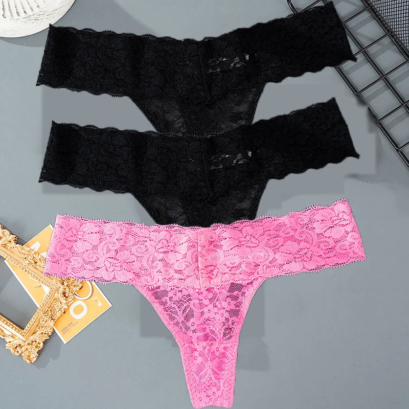Lot de 3 culottes en dentelle florale pour femme, taille basse, respirantes, string, tailles M à 2XL, couleur unie, sexy, transparentes.