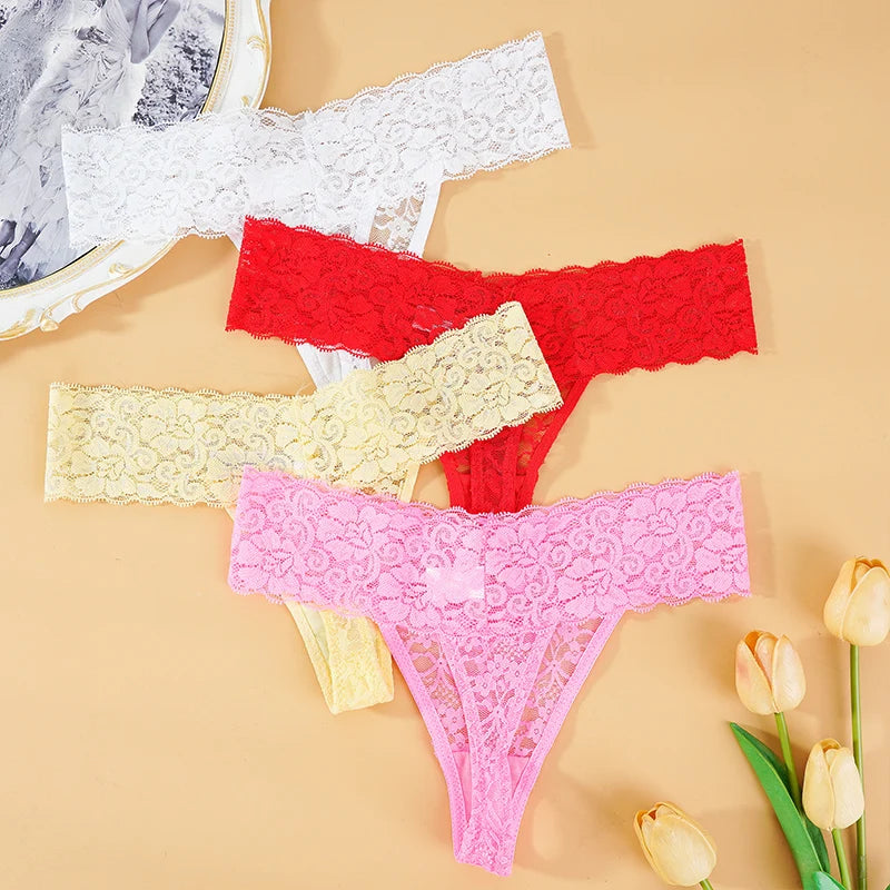 Lot de 3 culottes en dentelle florale pour femme, taille basse, respirantes, string, tailles M à 2XL, couleur unie, sexy, transparentes.