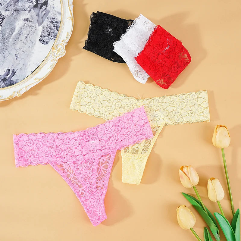 Lot de 3 culottes en dentelle florale pour femme, taille basse, respirantes, string, tailles M à 2XL, couleur unie, sexy, transparentes.